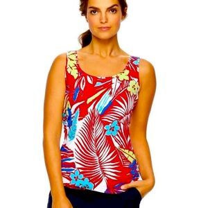 CHAPS Sport Women’s Red Tropical Leafy Floral Print Scoop Neck Cotton Tank Top L